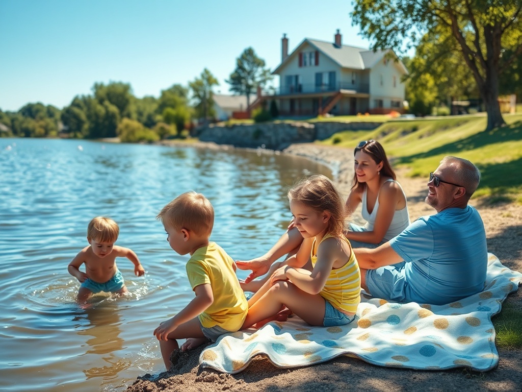 Как оценить риски покупки жилья вблизи водоёмов Семья проводит время на берегу озера, дети играют в воде, а взрослые наслаждаются моментом.