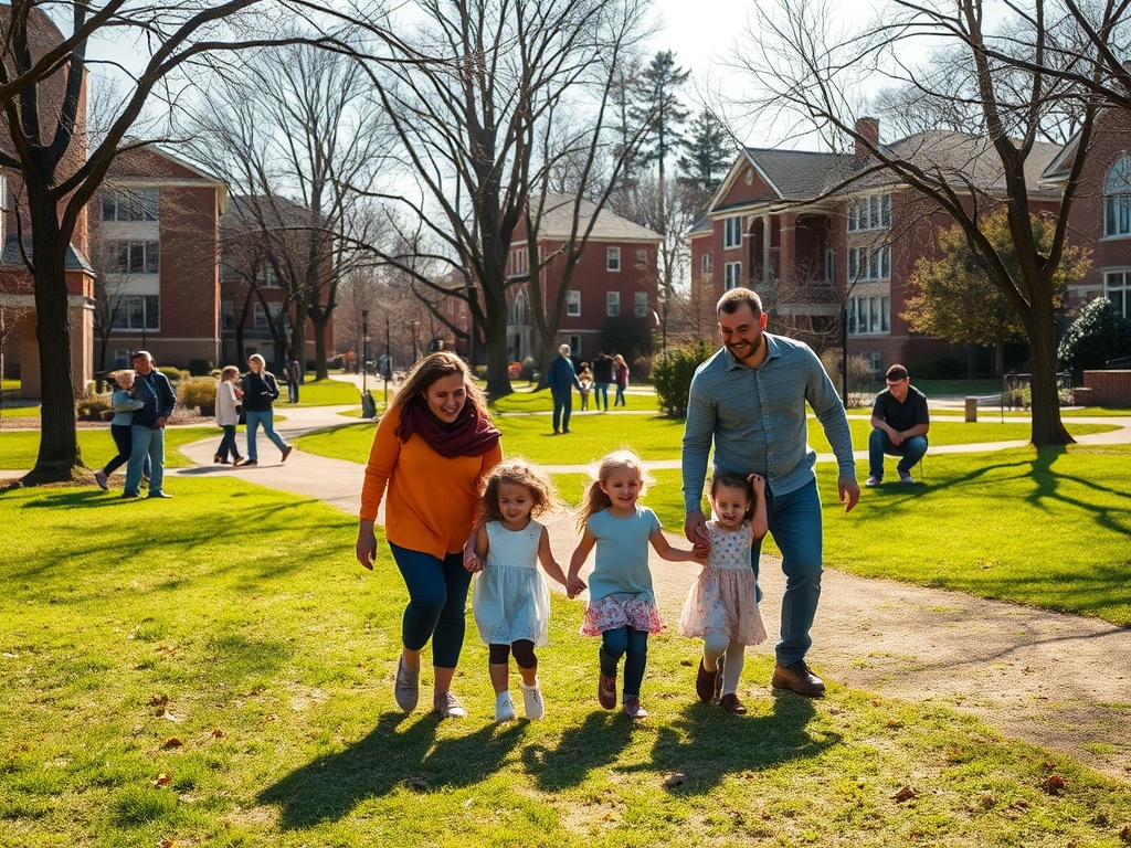 Как выбрать квартиру с учётом перспектив развития деловой активности района Семья гуляет по парку. Дети, держась за руки, радостно бегут к родителям, которые ухмыляются.