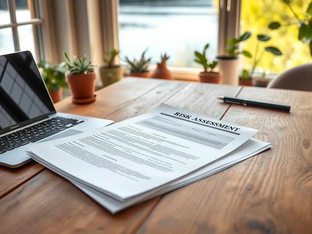 Как оценить риски покупки жилья вблизи водоёмов На столе лежат документы с оценкой рисков и ноутбук, рядом с которыми зелёные растения.
