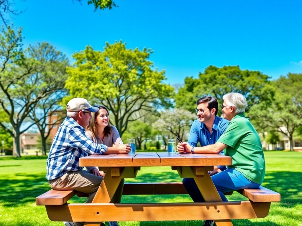 Покупка недвижимости с альтернативной сделкой Четыре человека сидят за столом на улице, наслаждаясь общением и солнечной погодой в парке.