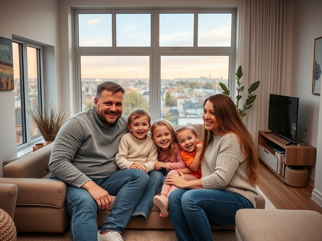 Какие города России самые выгодные для покупки жилья Счастливая семья из четырех человек сидит на диване в светлом помещении с большими окнами.