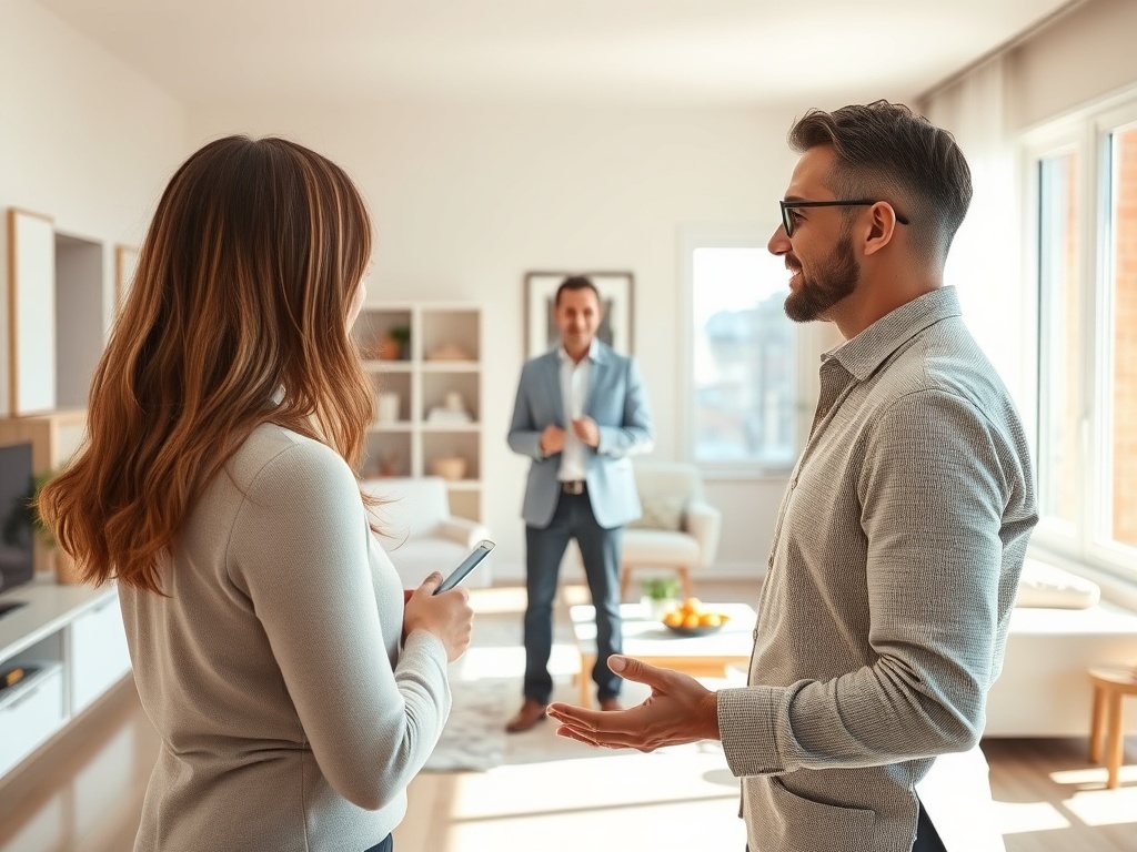 Стоит ли покупать квартиру в ипотеку для сдачи На изображении двое людей общаются в светлой комнате, на фоне видно третьего человека в костюме.