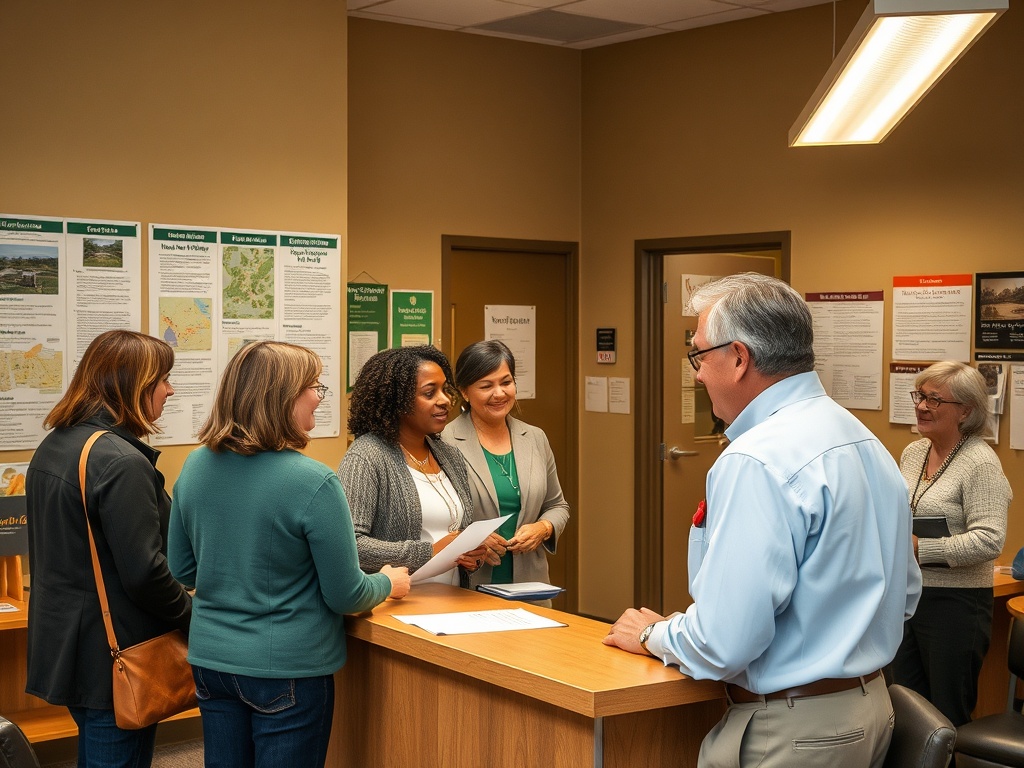 Как проверить корректность сведений о назначении помещений Группа людей обсуждает вопросы на фоне информационных стендов в офисе. Все выглядят заинтересованными.
