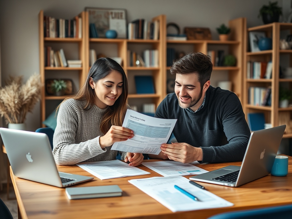 Стоит ли покупать квартиру в ипотеку для сдачи Два человека обсуждают документы за столом, окруженные ноутбуками и бумагами. Картина уютной рабочей атмосферы.