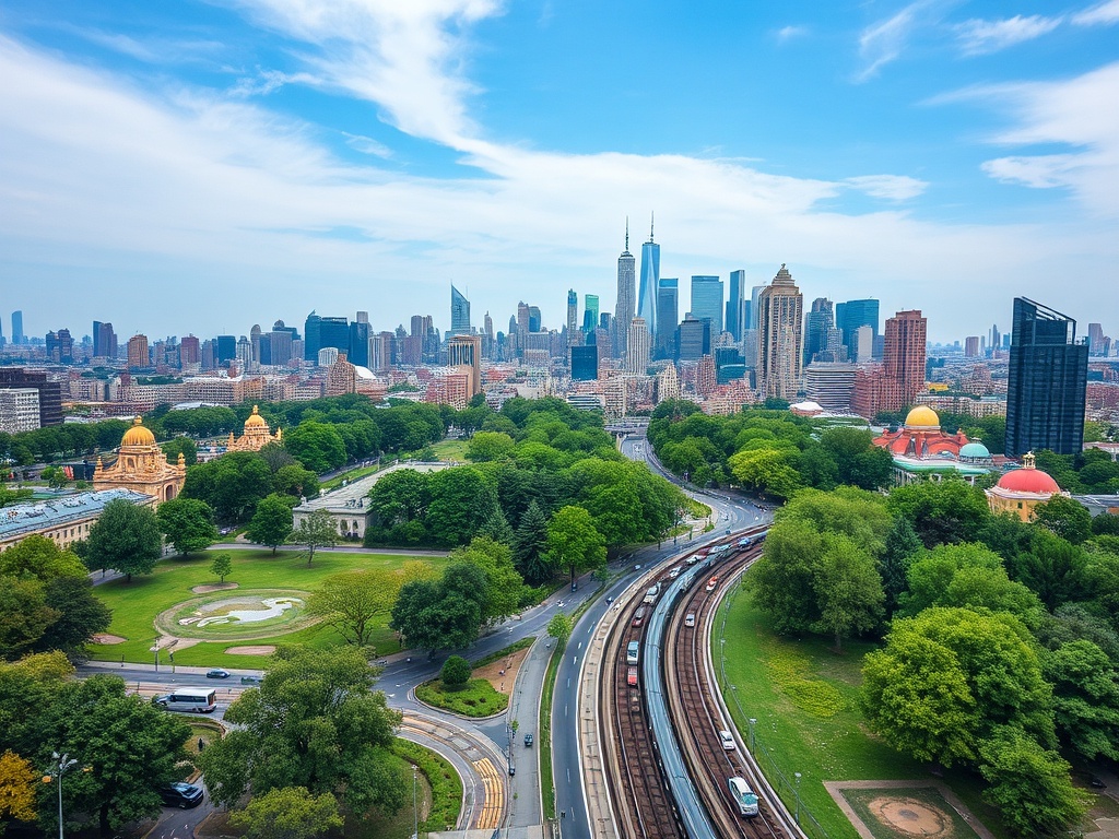 Как выбрать квартиру с учётом перспектив развития деловой активности района Вид на городской пейзаж с высокими зданиями, зелеными парками и дорогами в облачном небе.