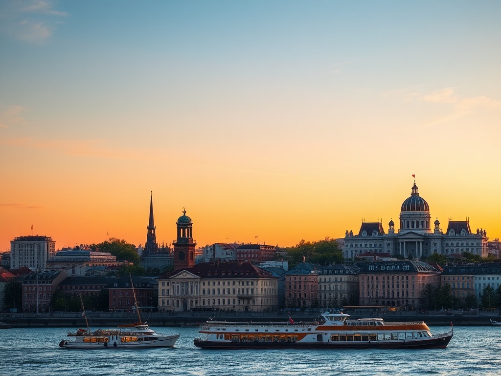 Какие города России самые выгодные для покупки жилья На фоне заката вид на реку с пароходами и архитектурой города в стиле неоклассицизма.
