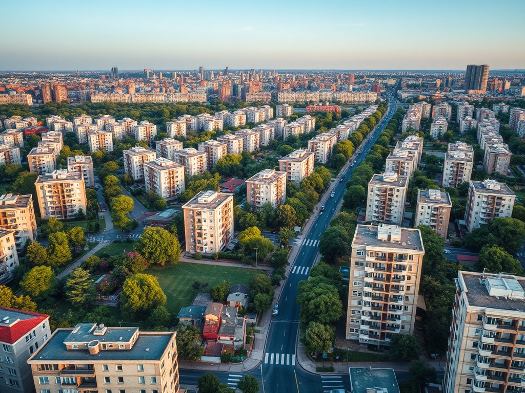 Городской пейзаж с высоты, показывающий жилые дома и улицы, окруженные зелеными деревьями.