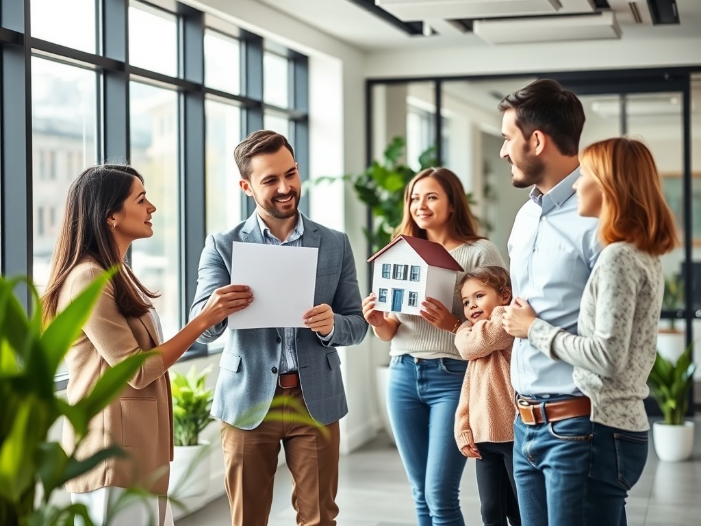Покупка недвижимости с альтернативной сделкой Семья обсуждает покупку дома с риелтором в современном офисе, окруженном растениями.